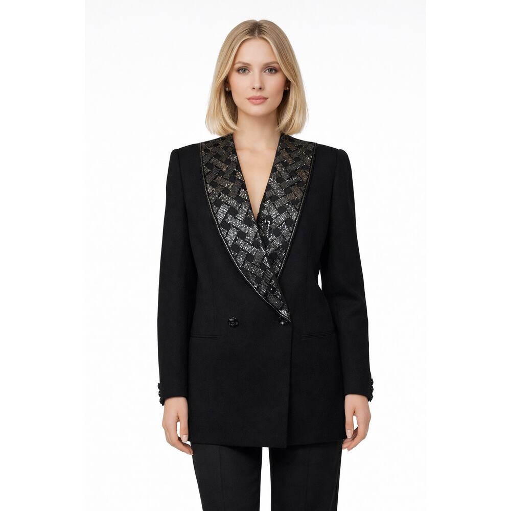 1980s–90s Vintage John Meyer of Norwich Black Beaded Shawl Collar Blazer large - Picture 1 of 13